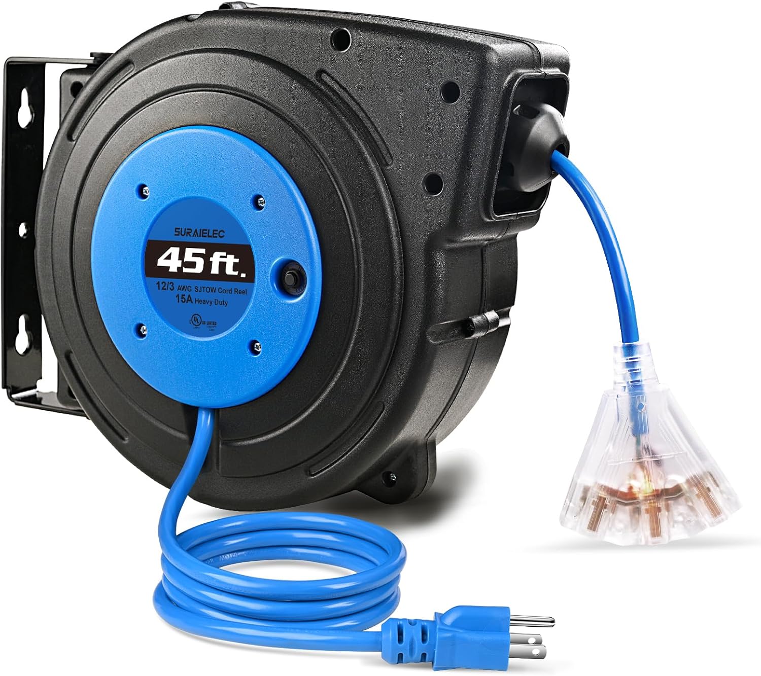 SURAIELEC Carrete de cable de extensión retráctil de calibre 12, cable de alimentación resistente SJTOW de 45 pies 12 AWG3C, 3 salidas de triple