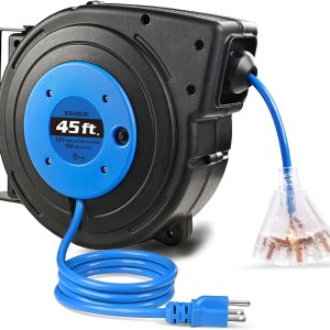 SURAIELEC Carrete de cable de extensión retráctil de calibre 12, cable de alimentación resistente SJTOW de 45 pies 12 AWG3C, 3 salidas de triple SURAIELEC Carrete de cable de extensión retráctil de calibre 12, cable de alimentación resistente SJTOW de 45 pies 12 AWG3C, 3 salidas de triple