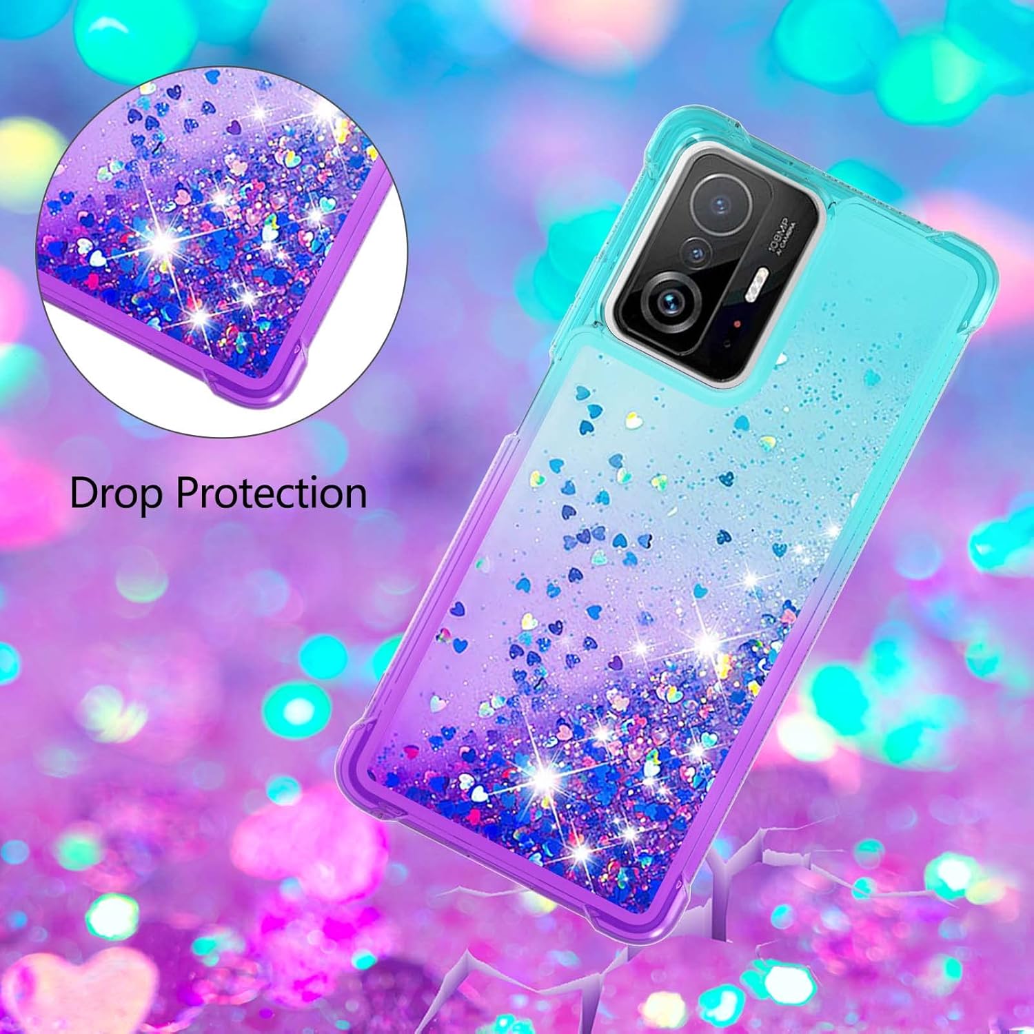 Funda para Xiaomi Mi 11T Pro con protector de pantalla de vidrio templado Quicksand Liquid Transparent Glitter Bling Tough Silicone Bumper Crystal