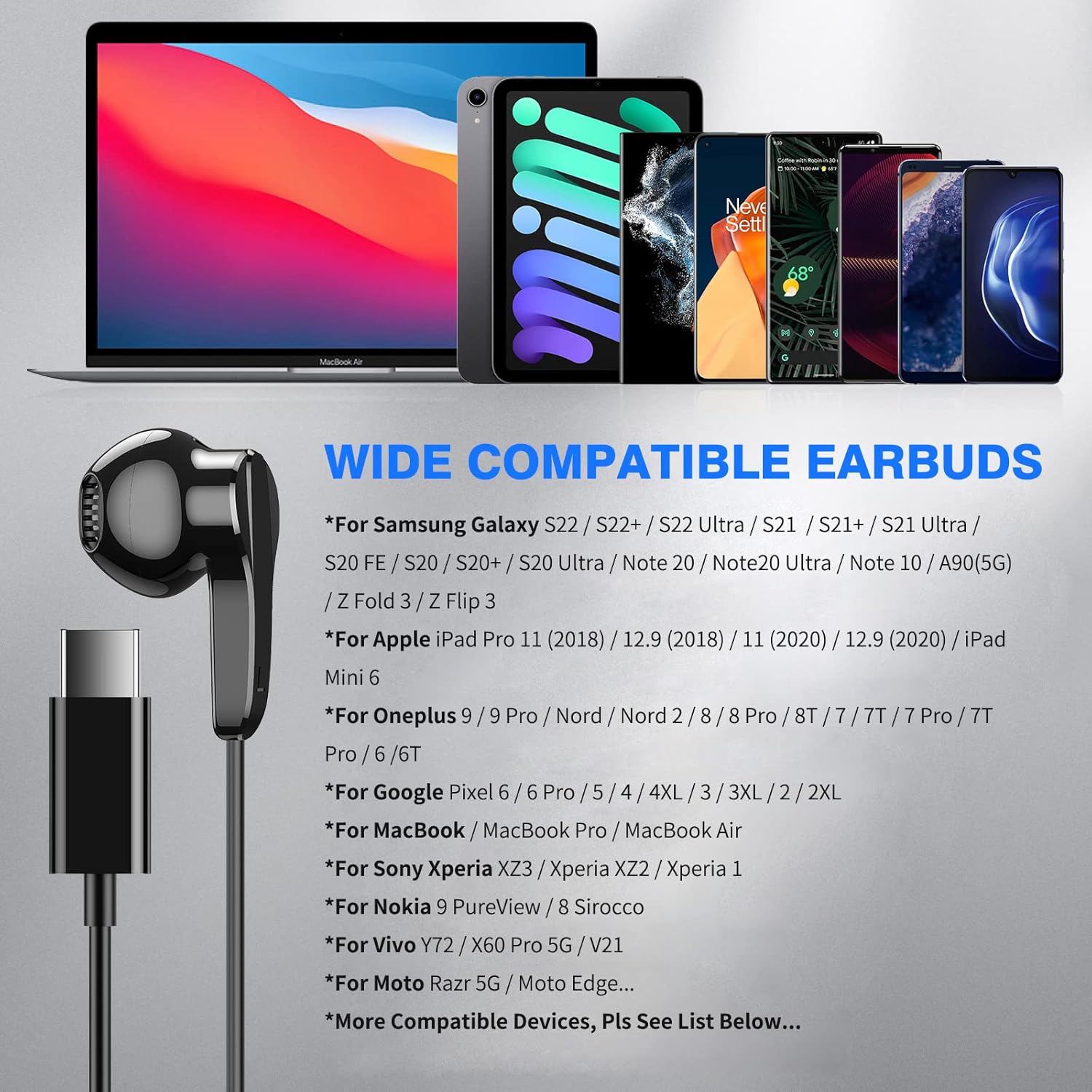 Auriculares USB C para Samsung S24 Ultra S23 Fe S22+, auriculares tipo C con micrófono, control de volumen estéreo de alta fidelidad, magnético en