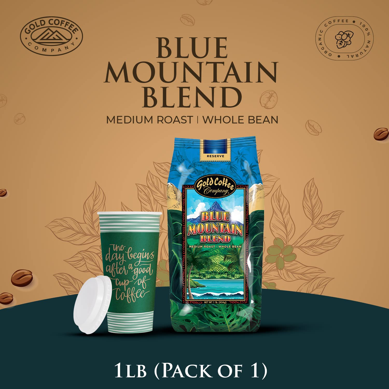 Gold Coffee Blue Mountain Blend Café de grano entero de tostado medio, 1 libra (paquete de 1) – Café instantáneo tostado a la perfección, granos de
