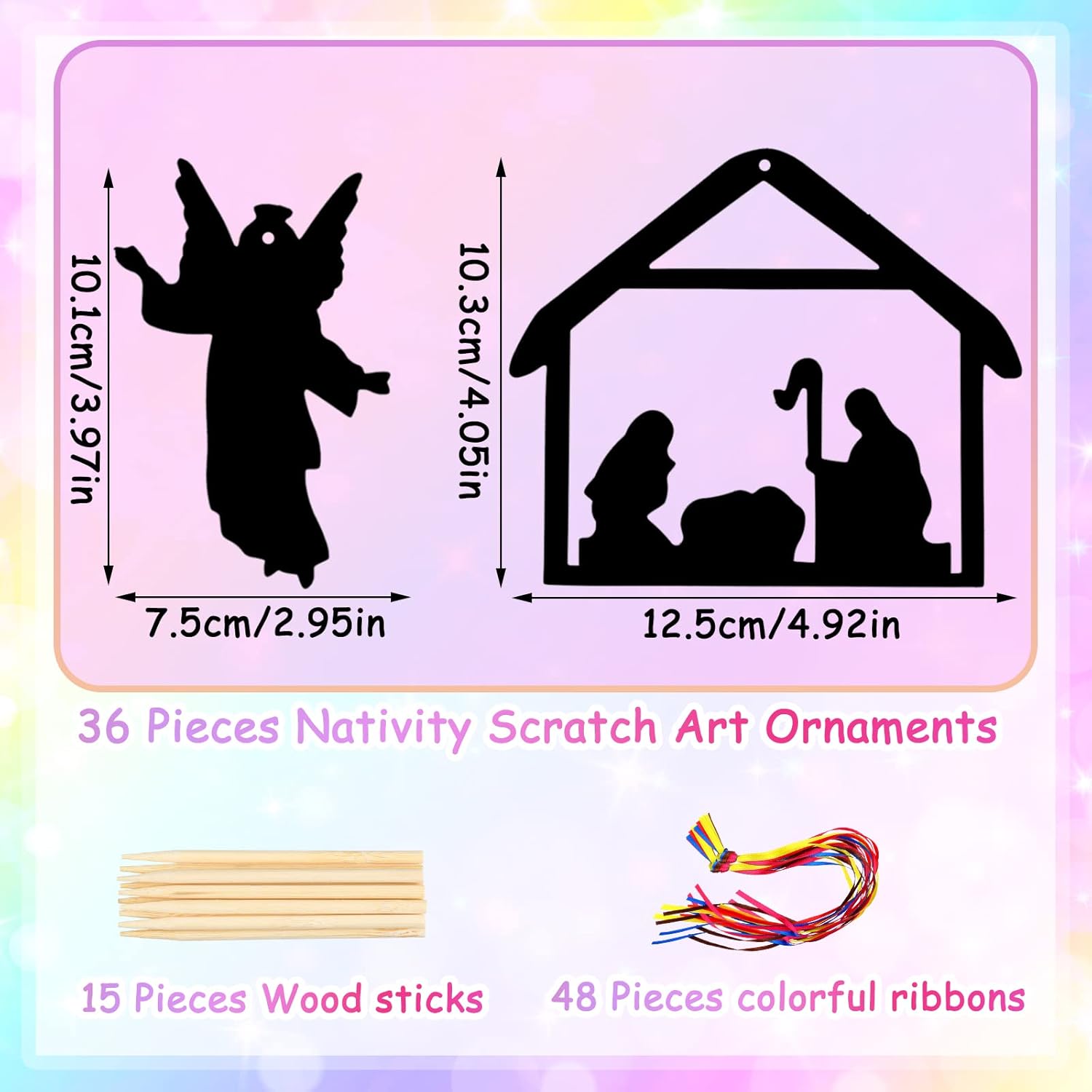 36 piezas de papel para rascar el árbol de Navidad para niños, incluye tarjeta de rascar, 10 lápices de madera, 36 cintas coloridas para Navidad,