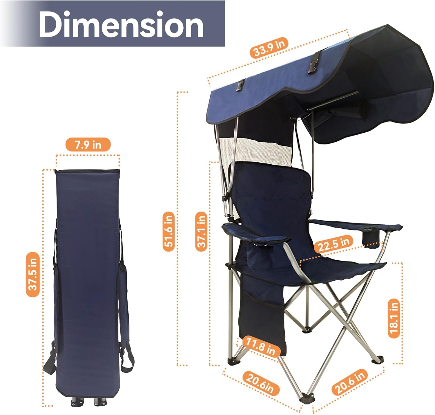 BDL Silla de camping con toldo plegable portátil con soporte para tazas, persianas laterales, bolsillo lateral para campamento, playa, pesca,