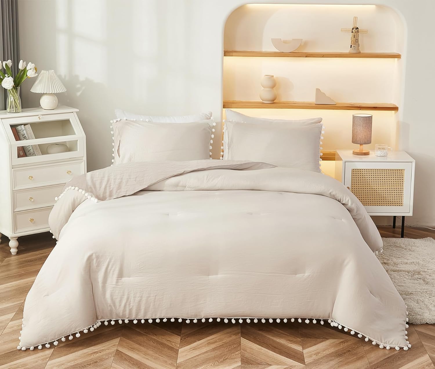Bedbay Juego de edredón con pompones, color beige, bohemio, juego de ropa de cama para niños y niñas, juego de ropa de cama de microfibra ultra