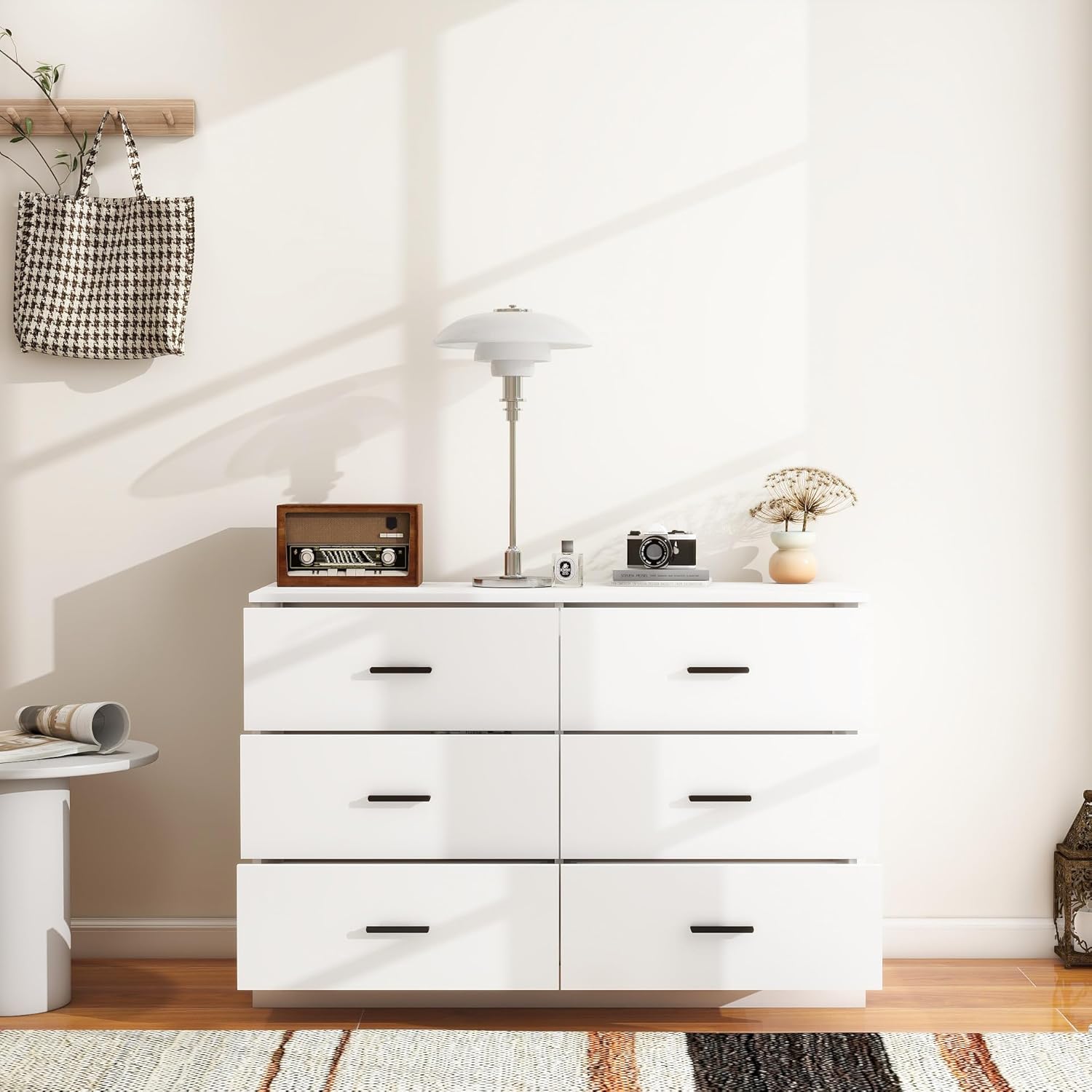 Cómoda moderna de 6 cajones para dormitorio, cómoda ancha de madera para almacenamiento en el suelo, organizador de cajones laterales con asas de