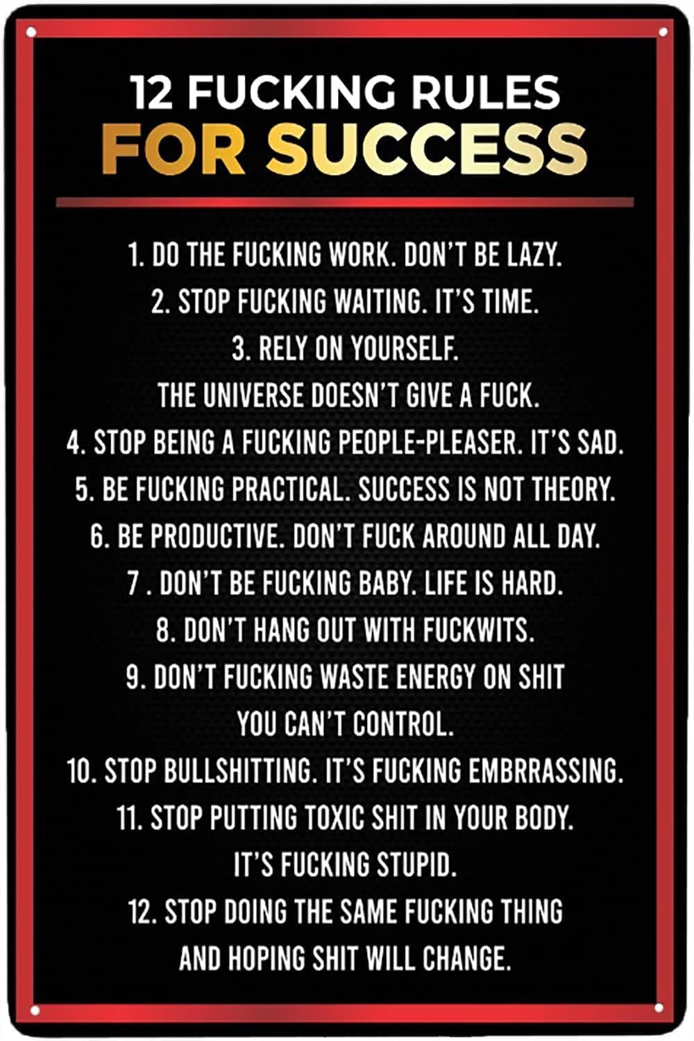 Cartel de metal con texto en inglés 12 Fucking Rules To Success, póster retro para cafetería, bar, gimnasio, sala de estar, baño, cocina, hogar,