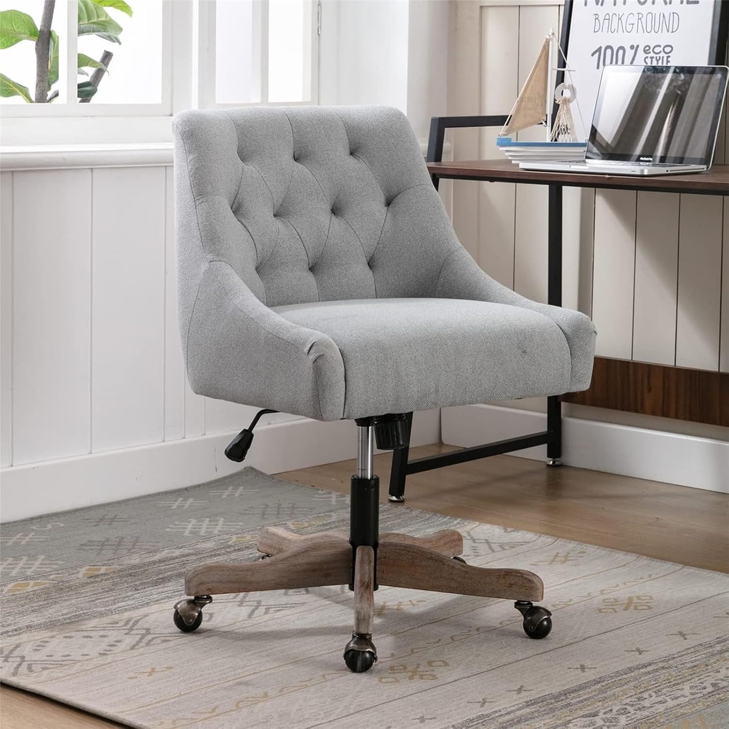 TURRIDU Silla de oficina giratoria, moderna silla giratoria tapizada de lino copetudo con base de madera y ruedas, silla de trabajo ajustable en