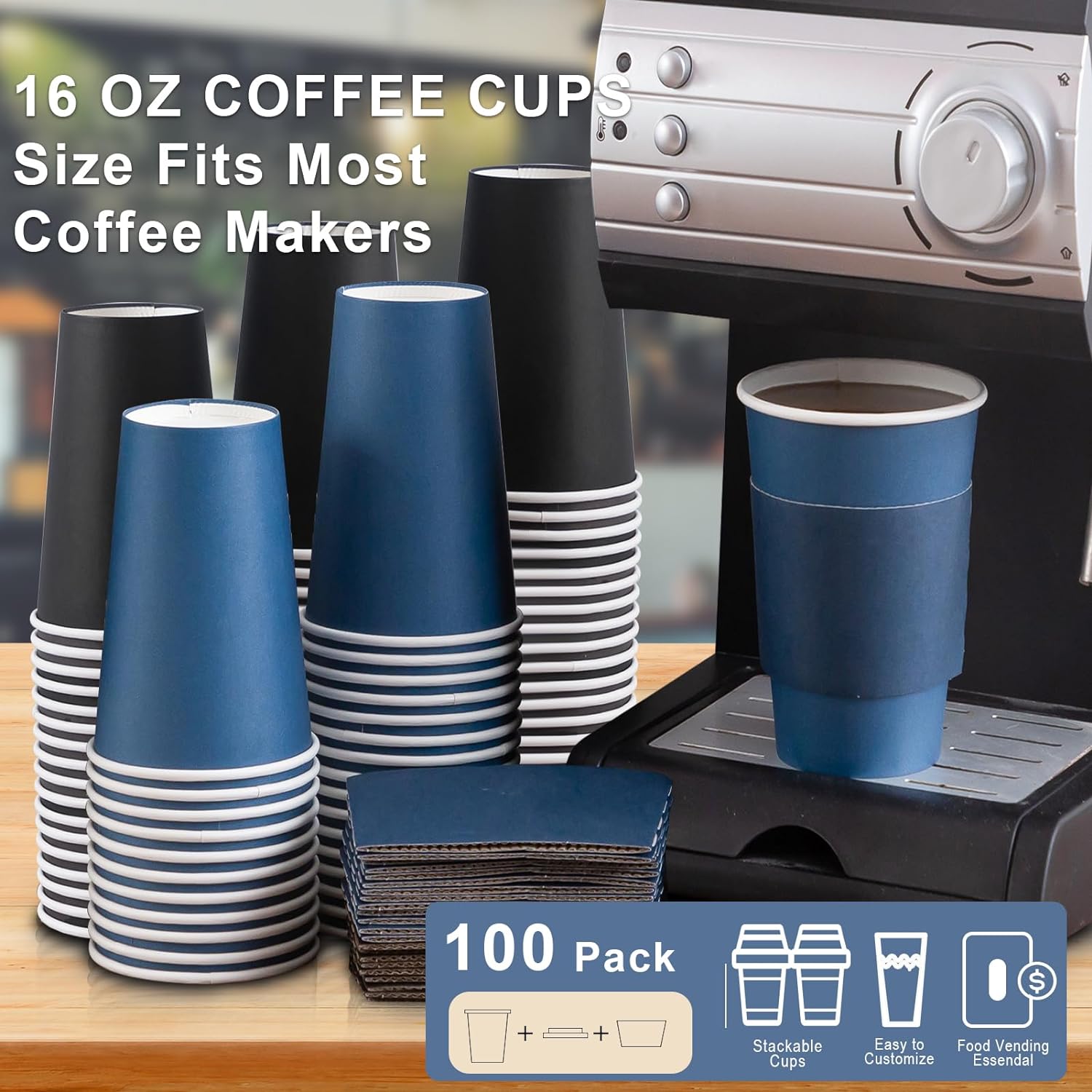SIUQ Paquete de 100 tazas de café desechables de 16 onzas con tapas y mangas, vasos de papel para bebidas calientes y frías, café, agua, chocolate