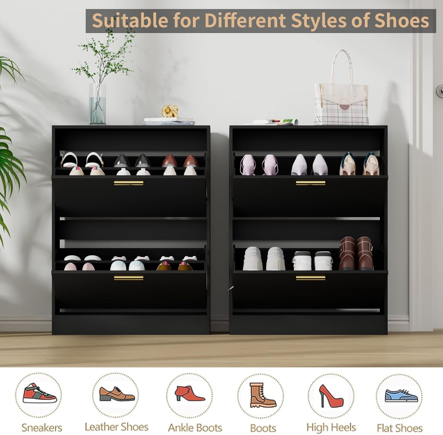 JOZZBY Zapatero de almacenamiento para entrada, organizador de zapatos estrecho independiente con 2 cajones abatibles, zapatero de madera para