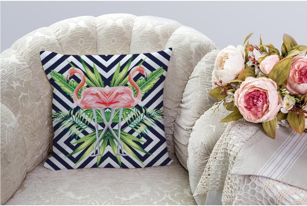 HGOD Designs – Funda de almohada decorativa con diseño de flamenco rosa con hojas de plátano tropicales, funda de almohada cuadrada de lino y