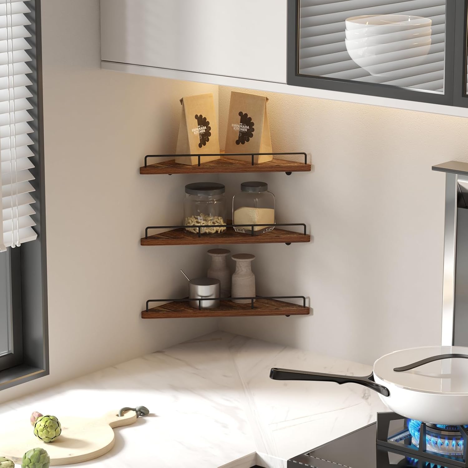 Trwcrt Juego de 3 estantes de esquina flotantes para montaje en pared, estantes de almacenamiento de pared de madera rústica para dormitorio, sala