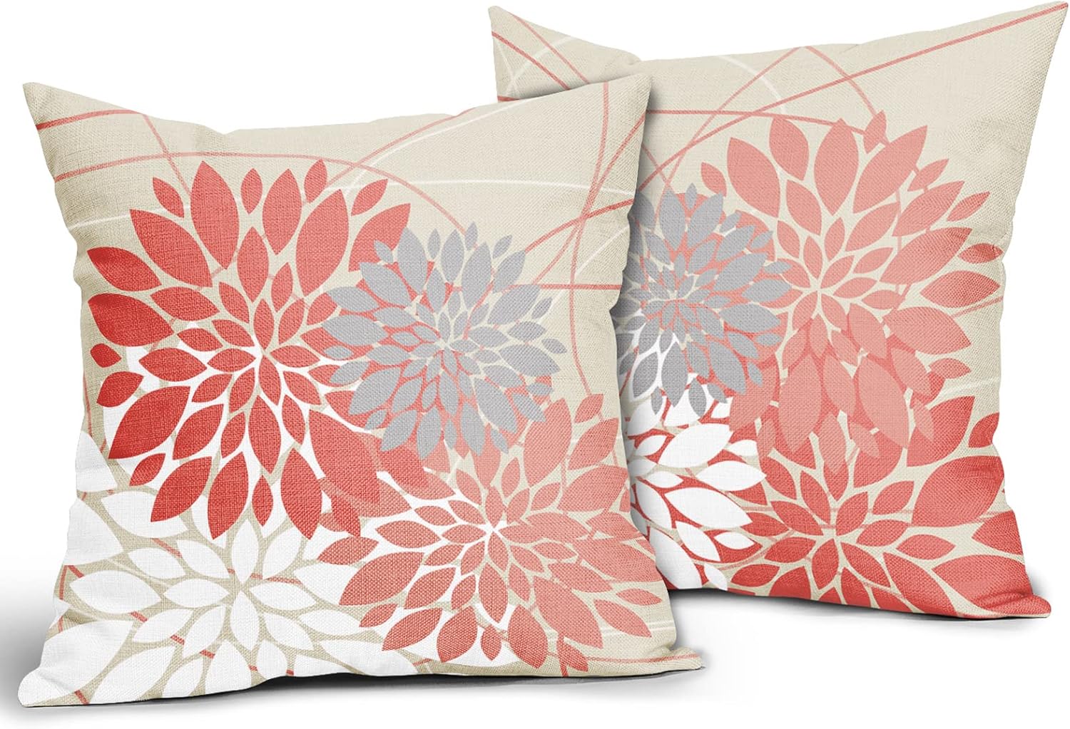 Juego de 2 fundas de almohada coral de 18 x 18 pulgadas, diseño de flores de dalia oscuro y rosa coral claro, decoración de exteriores para el