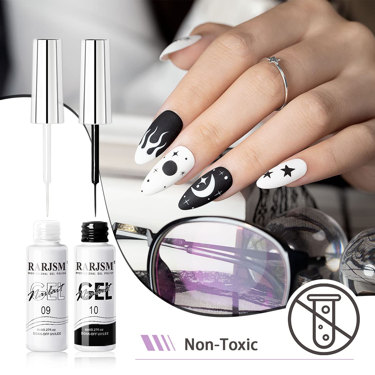 RARJSM Gel de arte de uñas, esmalte de gel delineador, esmalte de uñas de gel pintado negro y blanco, juego de 2 esmaltes de uñas de gel pintados,
