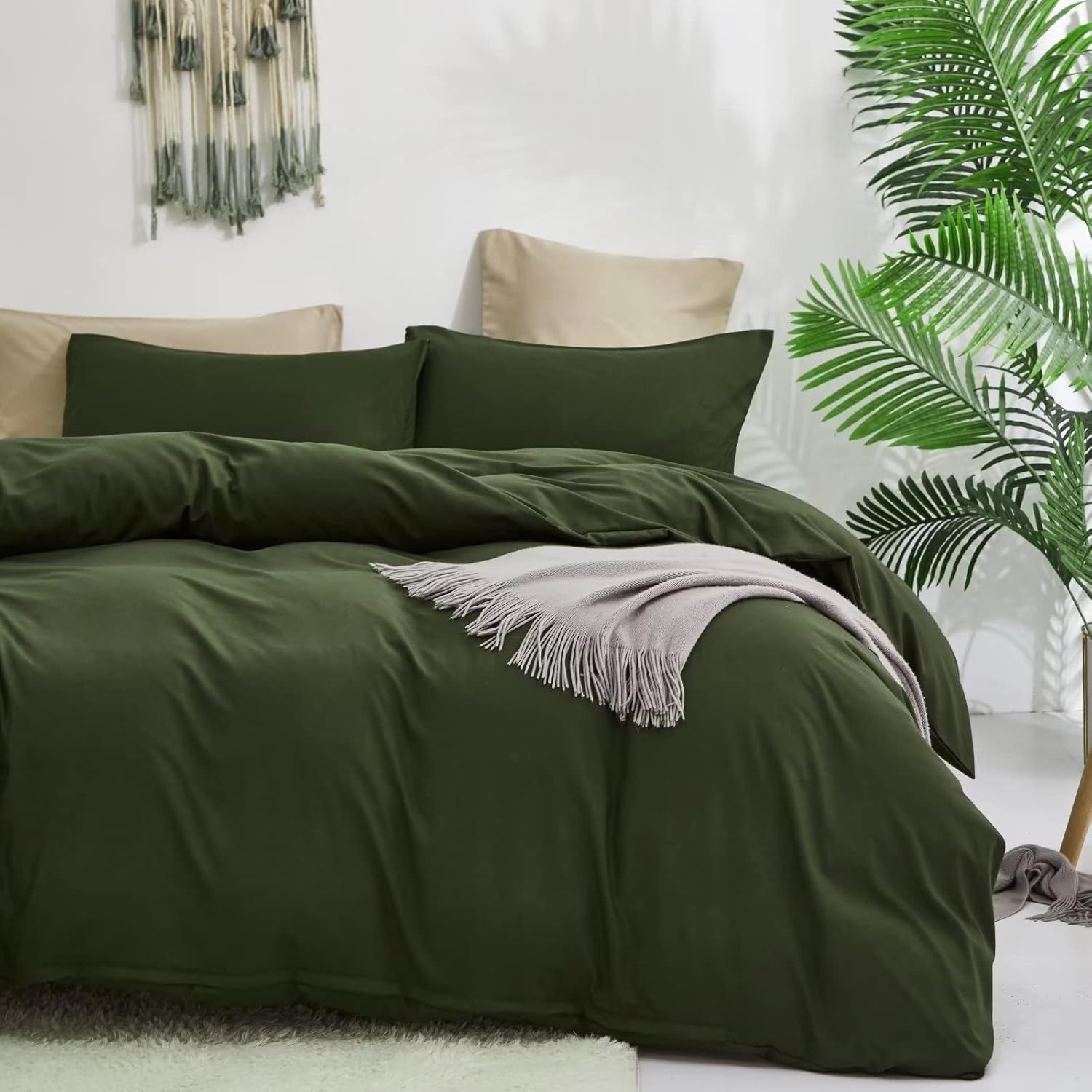 Houseri Juego de edredón, color verde militar (tamaño matrimonial), ropa de cama de 3 piezas con 1 edredón y 2 fundas de almohada, estilo moderno de
