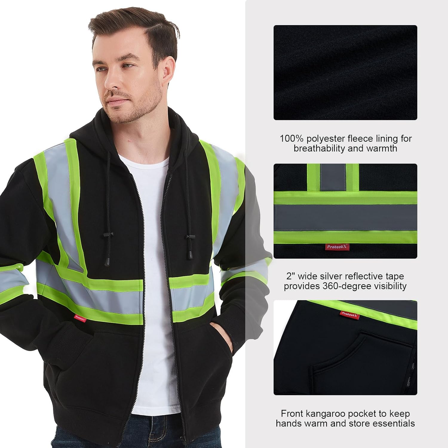 ProtectX Sudadera de seguridad de alta visibilidad clase 3 para hombre, sudadera reflectante con bolsillo grande para construcción y trabajo