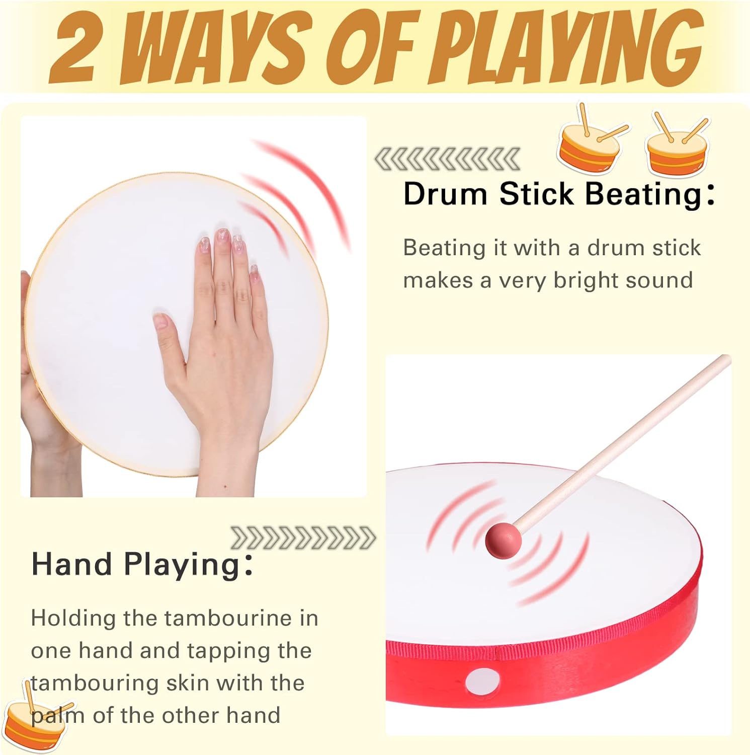Juego de 4 tambores de mano para niños y adultos, con marco de madera, con barra de tambor, de 12 pulgadas, 10 pulgadas, 8 pulgadas, 6 pulgadas,