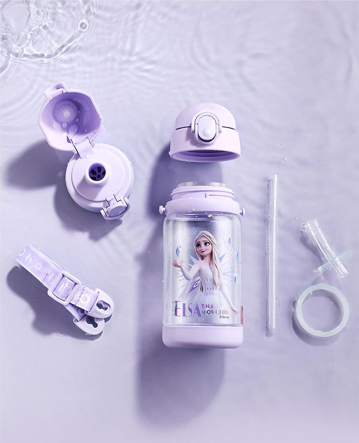 Frozen Elsa Botella De Agua Doble Cubiertas Con Pajita Y Correa 17.6 fl oz – Púrpura