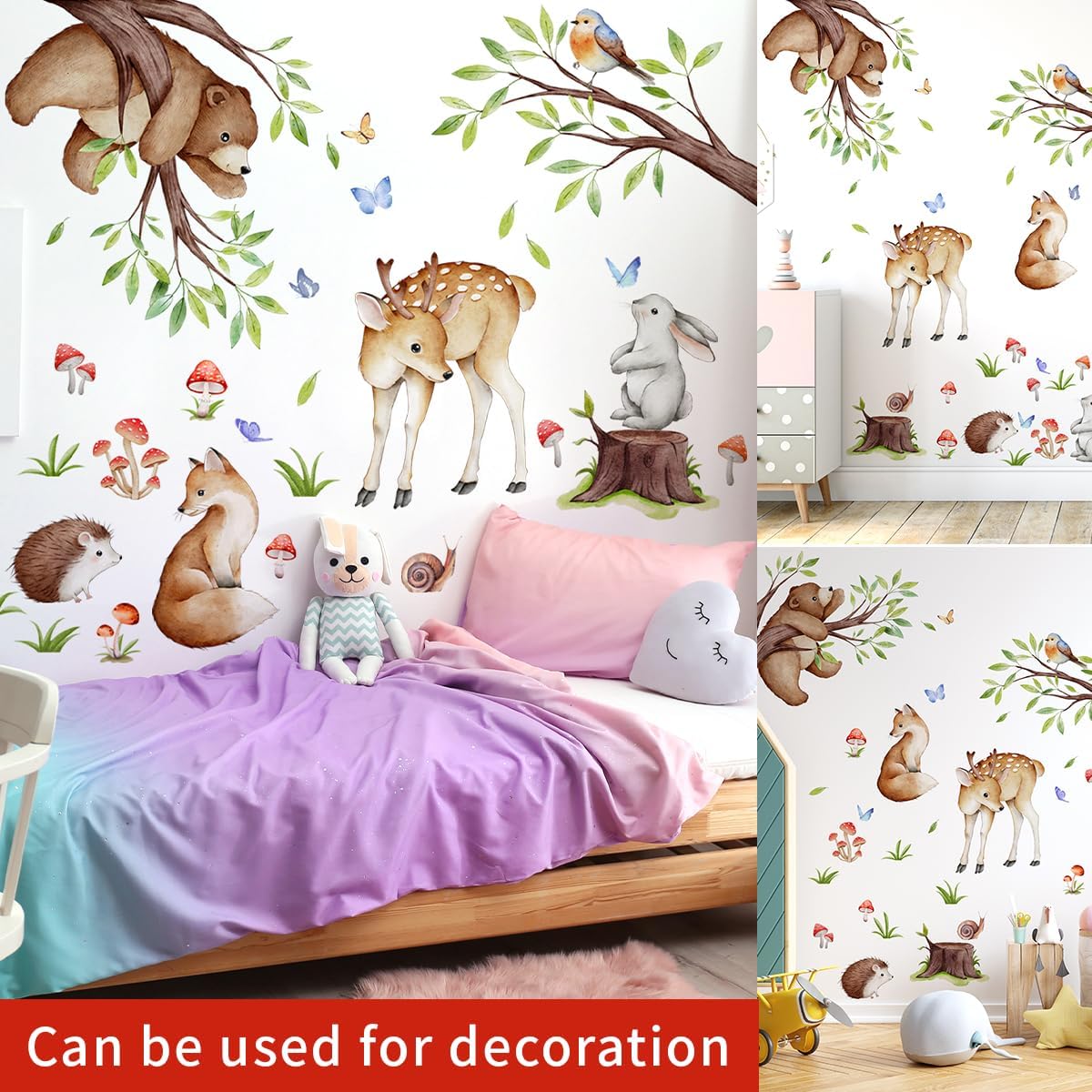 Calcomanías de pared extraíbles de animales de la selva 3D, ramas de árbol verde, ciervo, oso, conejo, calcomanías de pared, bricolaje, despegar y