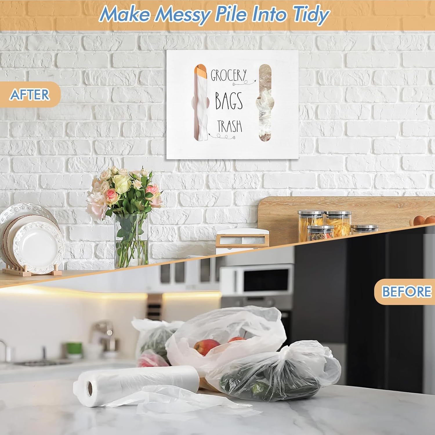 SOWA Soporte para bolsas de plástico de madera y dispensador de bolsas de basura, dispensador de bolsas de plástico 2 en 1 para bolsas de