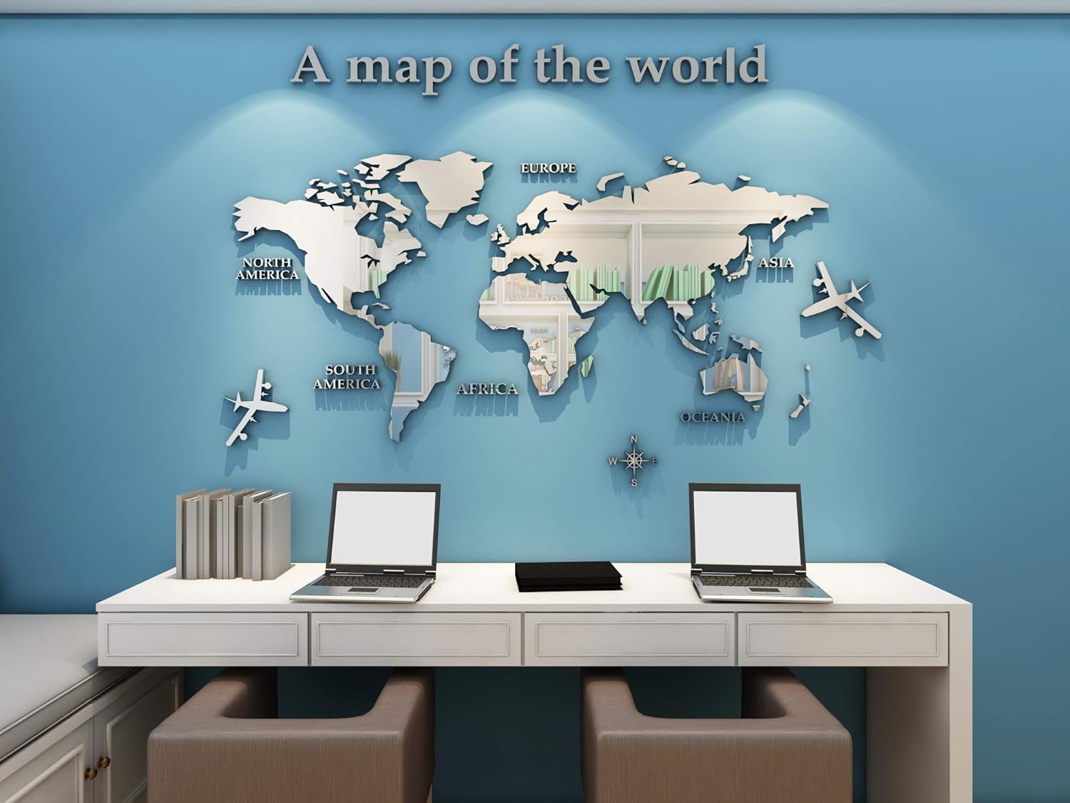WINDIR Calcomanías de pared de mapa del mundo 3D, murales de decoración de bricolaje, calcomanías plateadas, 47 x 24 pulgadas, decoración de pared