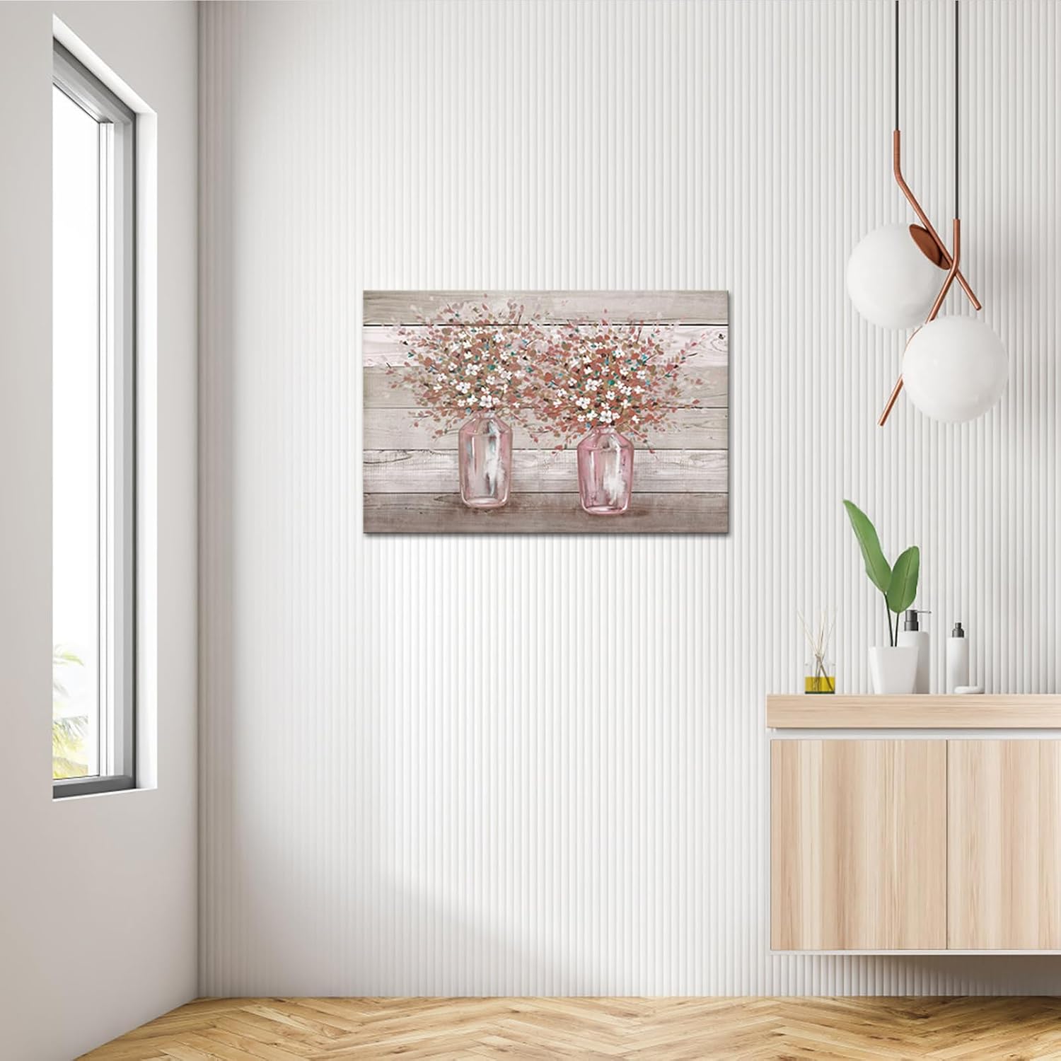 RyounoArt Cuadros florales rosados para decoración de pared, flores rosas y grises en jarrón, pintura artística de granja, decoración de granja,