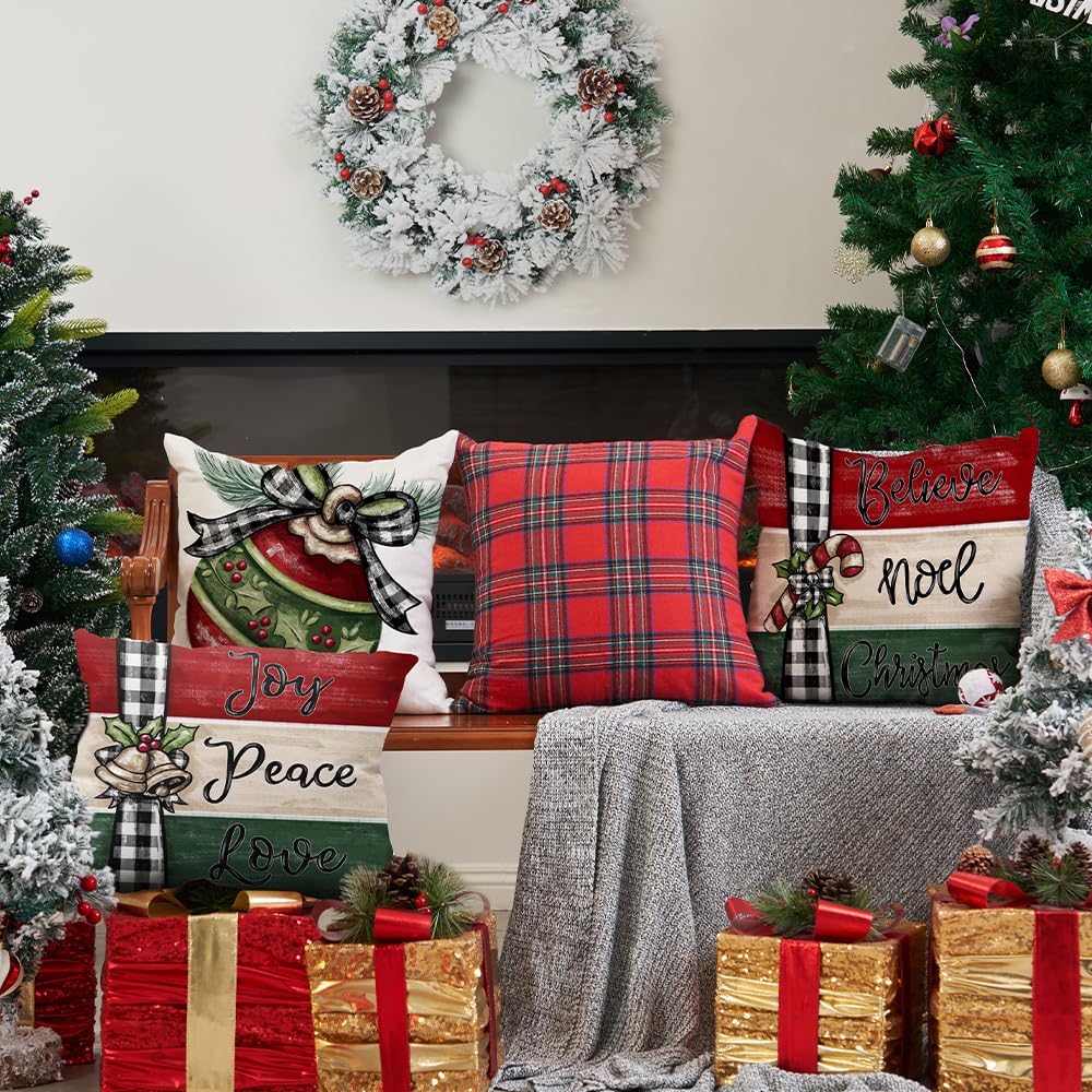 DFXSZ Juego de 4 fundas de almohada navideñas de 18 x 18 pulgadas, fundas de almohada de lana cuadriculada, fundas decorativas de eucalipto, fundas