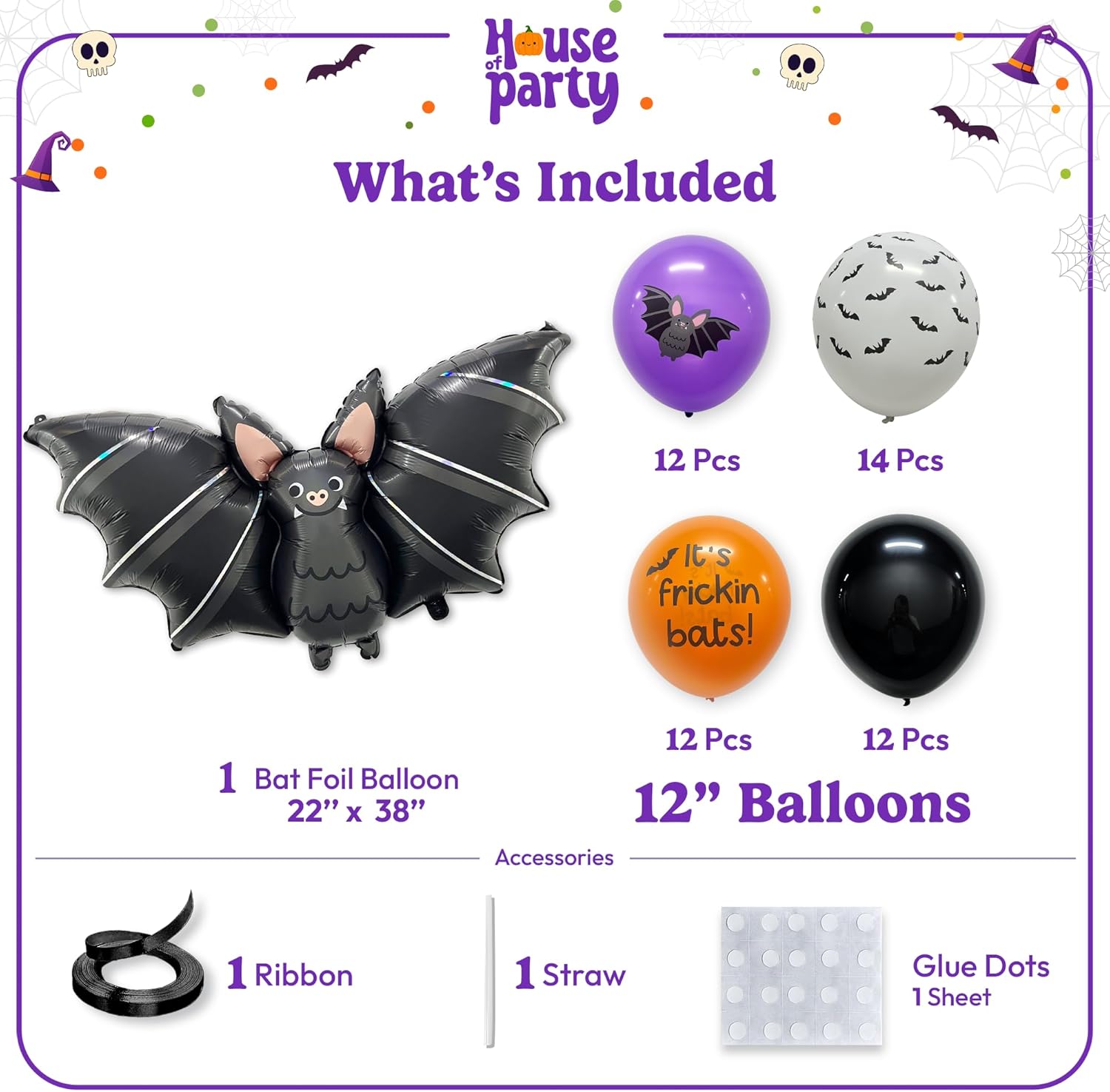 HOUSE OF PARTY Globo de aluminio de murciélago de 40 pulgadas de Halloween con 50 globos de látex de murciélago negro, naranja, morado, blanco para
