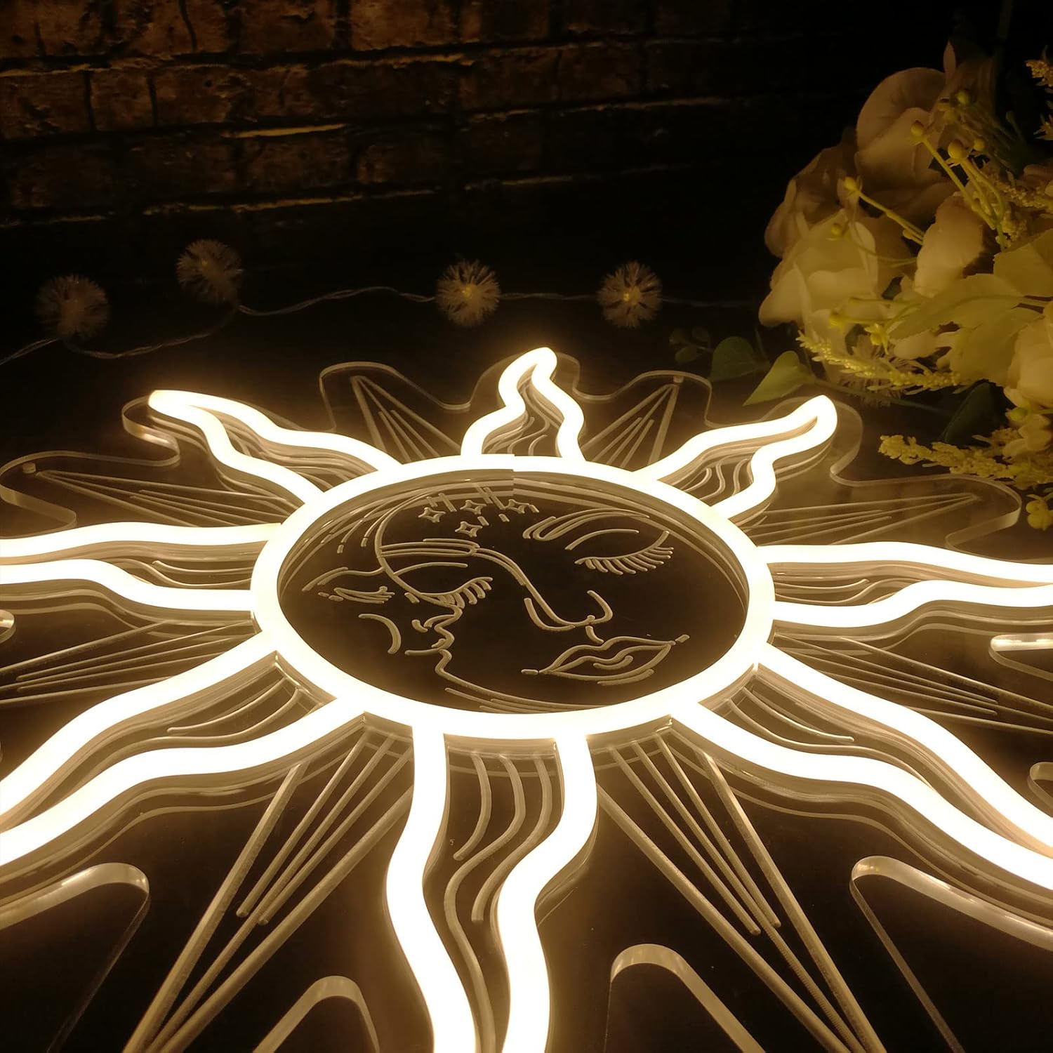 Letrero de neón vintage ardiente de sol y luna  Decoración de habitación bohemia 3D con luz LED celestial mística de sol y luna con ojos cerrados,