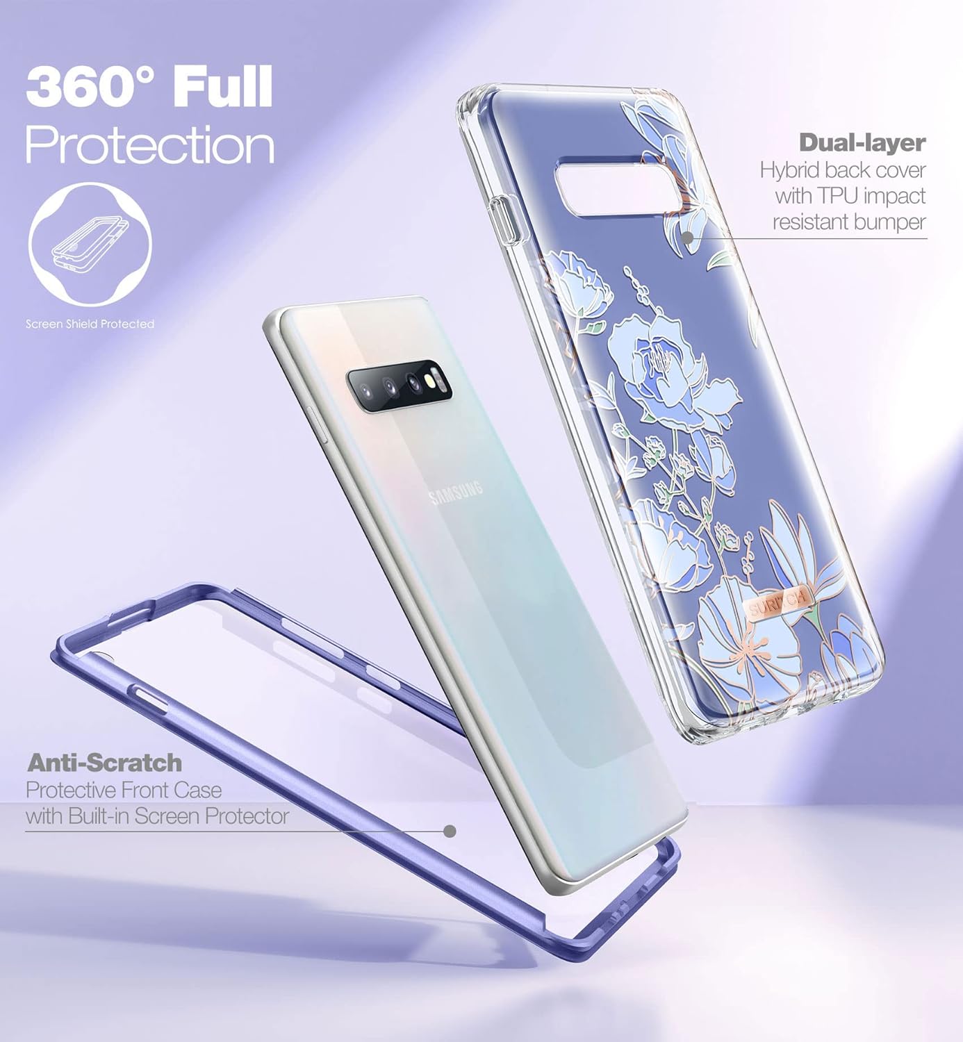 SURITCH Funda para Samsung Galaxy S10 mejorada, protector de pantalla antiarañazos integrado protección de doble capa Protección completa de 360 a