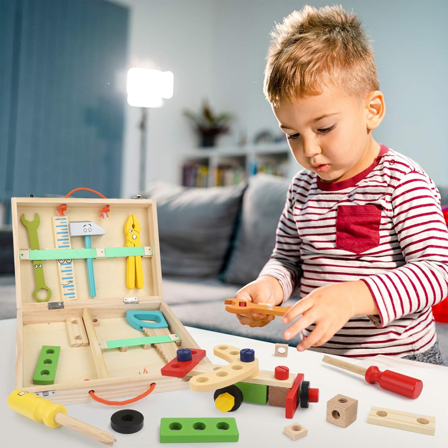 Aomola Kit de herramientas para niños, juego de herramientas de madera con herramientas coloridas, juguetes de simulación, regalos para niños