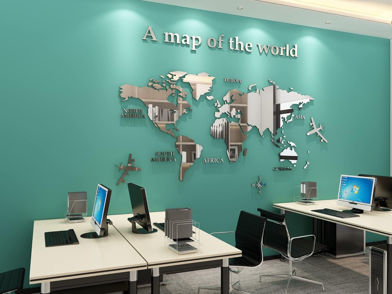 WINDIR Calcomanías de pared de mapa del mundo 3D, murales de decoración de bricolaje, calcomanías plateadas, 47 x 24 pulgadas, decoración de pared