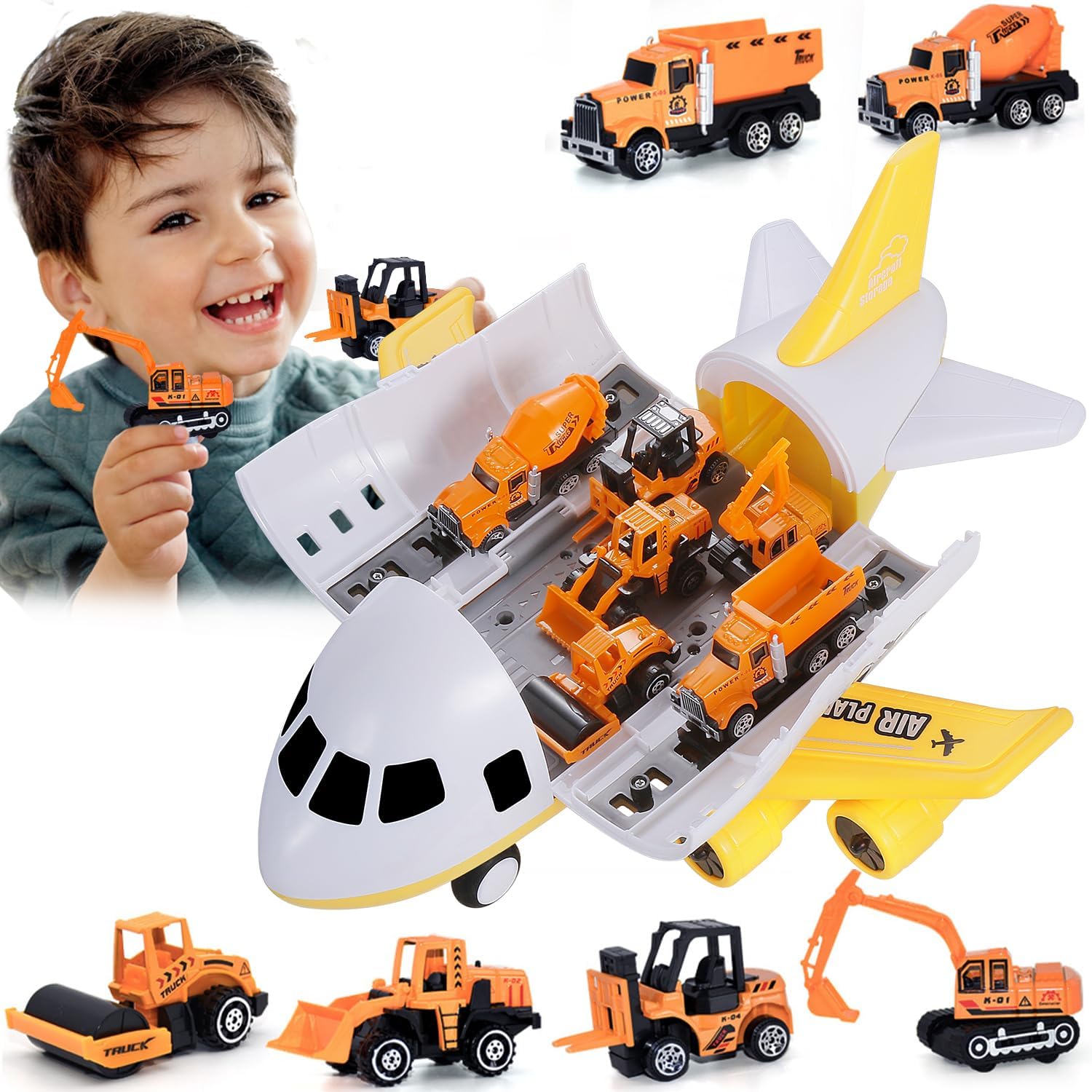 Gyori Juguetes de avión para niños pequeños de 3 a 5 años  Juguete deformado de avión camión para niños con 6 piezas de coches de ingeniería de