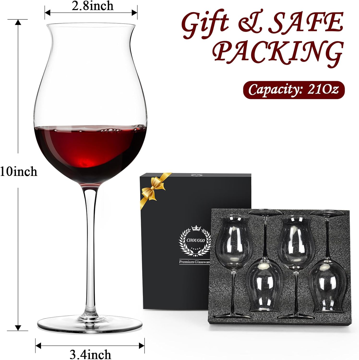 Chouggo Juego de 4 copas de vino de 23 onzas, cristal soplado a mano, copa de vino blanco o vino tinto, Act Deco de tallo largo, gran regalo para