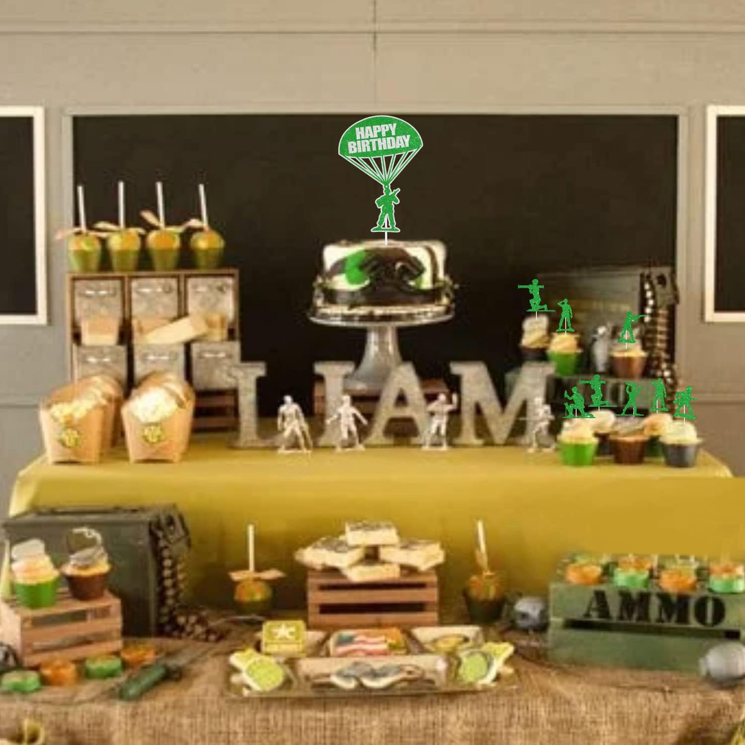 Juego de decoración de pastel de cumpleaños para fanáticos del ejército, adecuado para niños o niñas, fiesta de cumpleaños temática militar, fiesta