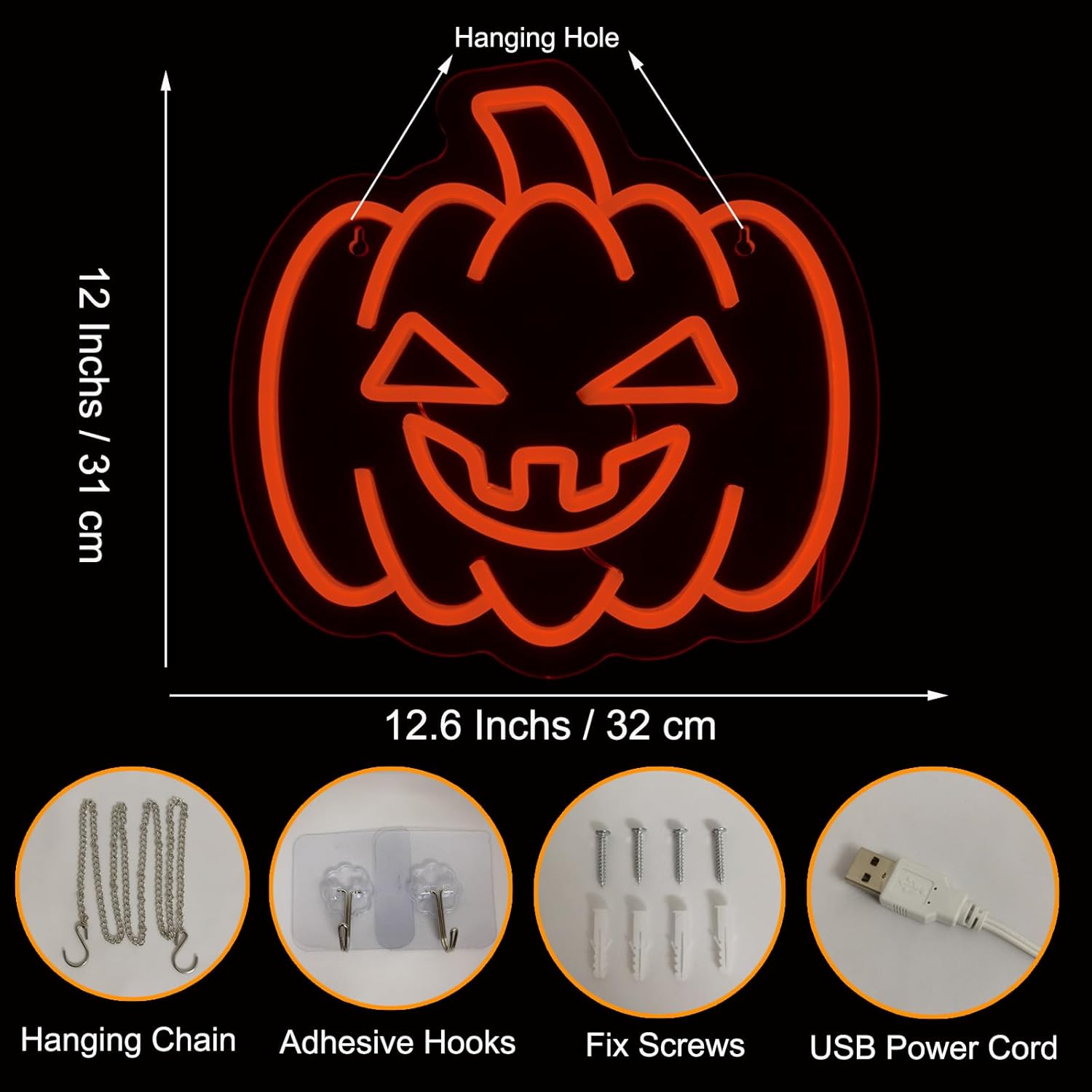 EMANNON Letrero de neón de Halloween, letrero de neón de calabaza para decoración de pared con interruptor regulable, letrero de calabaza naranja
