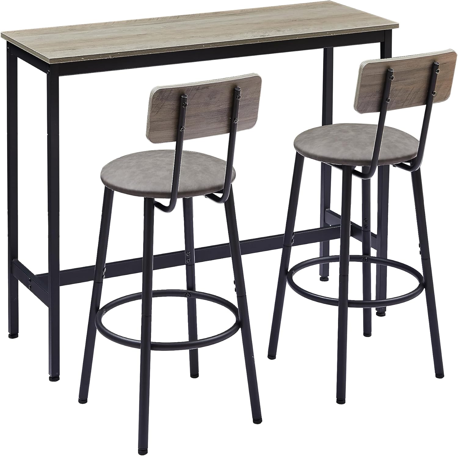 Juego con 2 taburetes de bar PU asiento suave con respaldo y reposapiés, sala de estar, comedor y espacios pequeños, fácil de montar, gris, mesa y