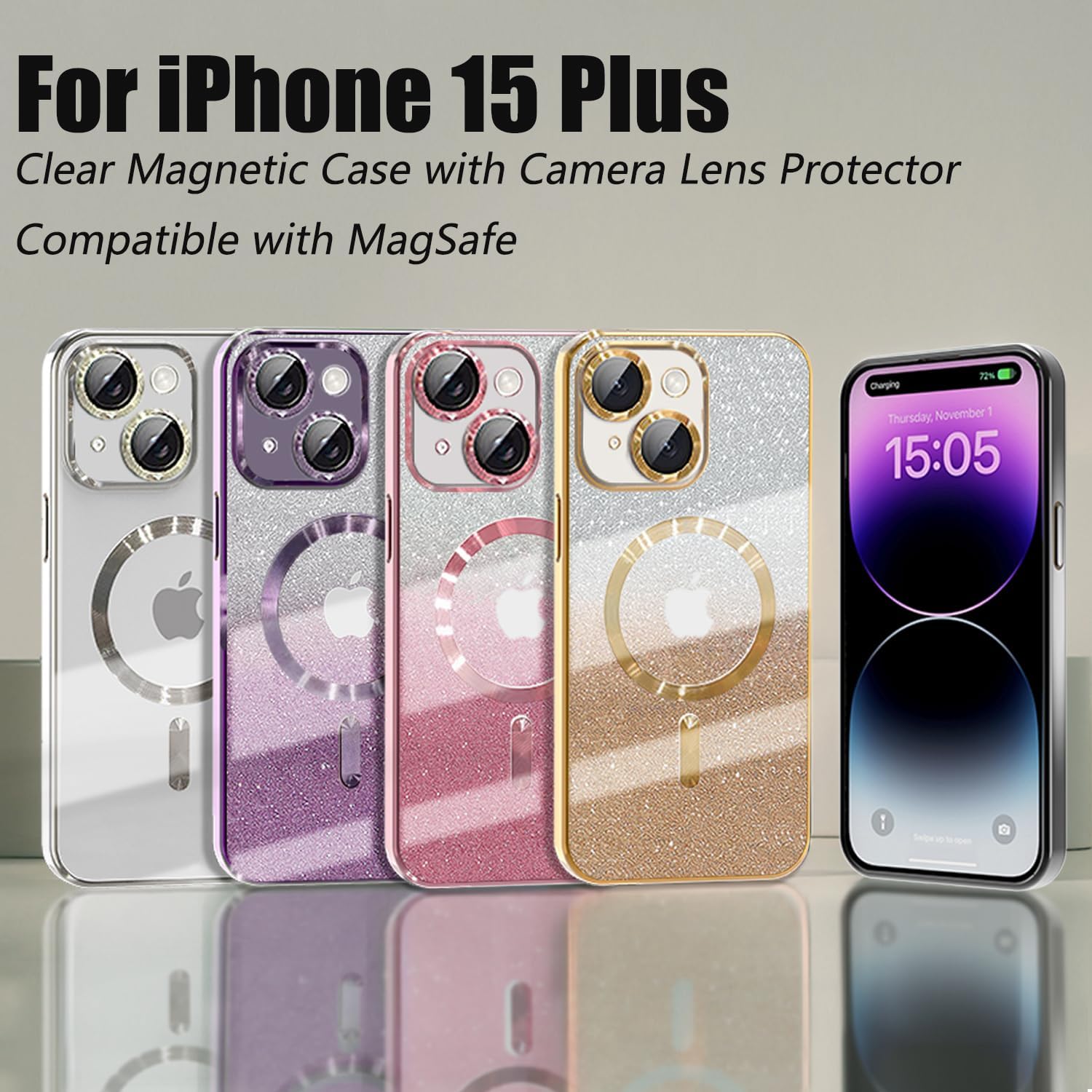 Misscase Funda magnética con purpurina para iPhone 15 Plus compatible con MagSafe, protector de lente de cámara, protección completa, elegante,