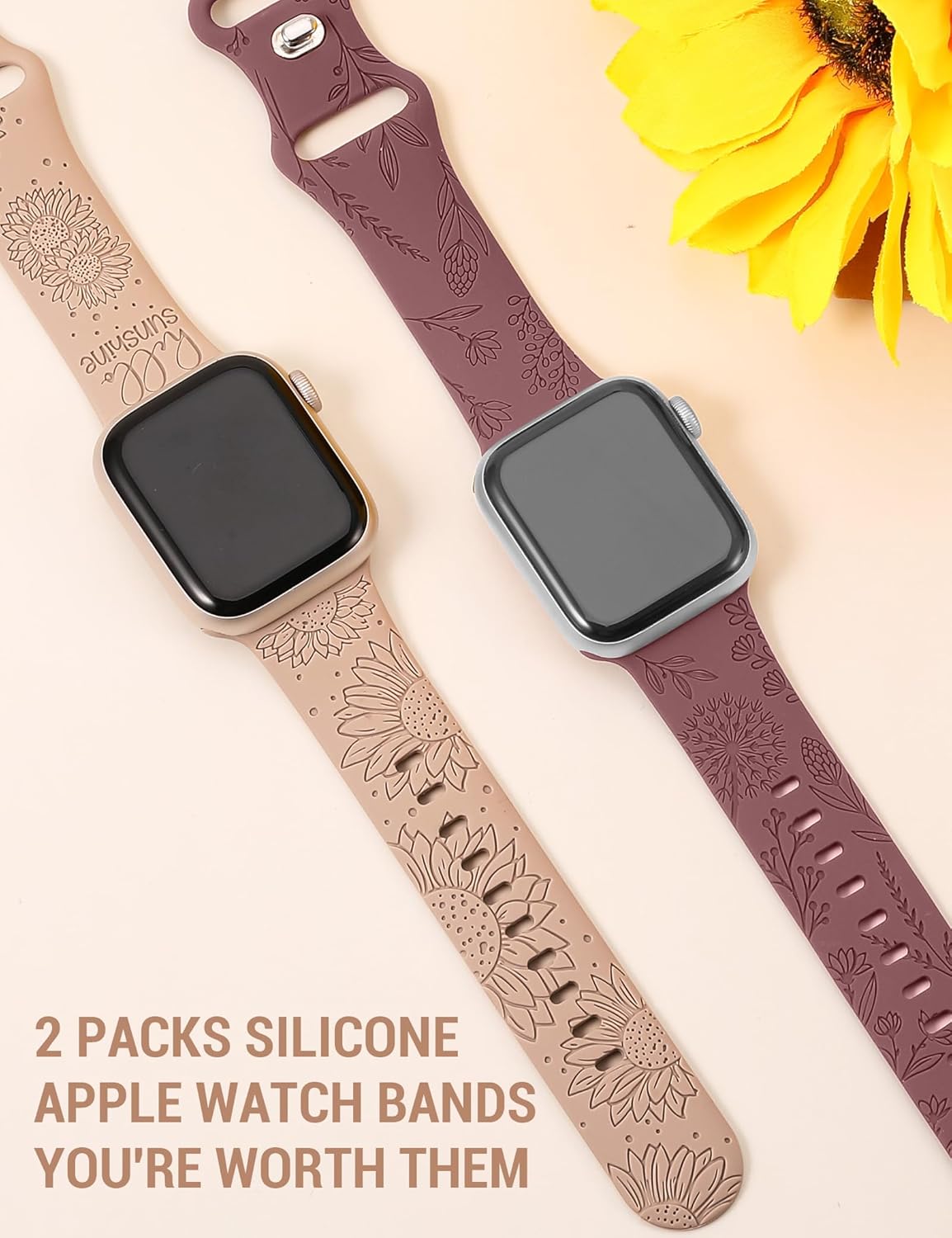 Minyee Paquete de 2 correas con grabado floral compatibles con correas de Apple Watch de 1.614 in, 1.575 in, 1.496 in, 1.732 in, 1.772 in, 1.654 in,