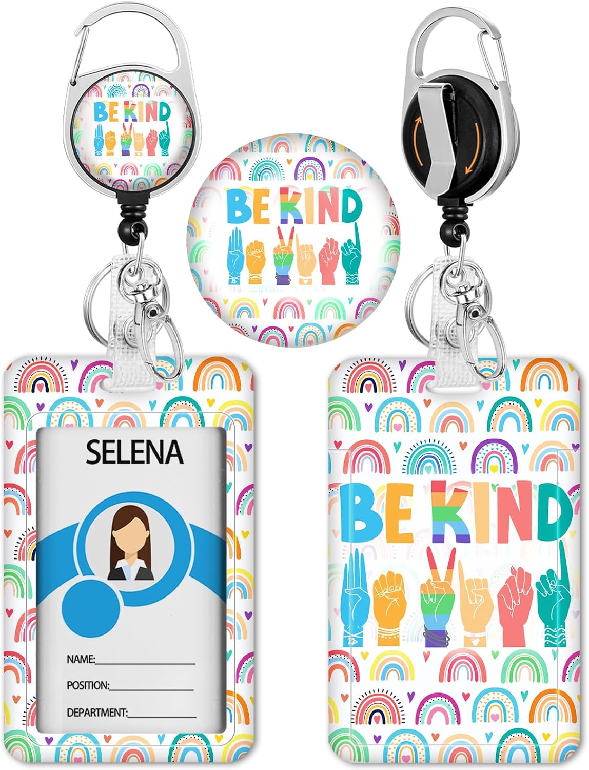 Soporte para insignia de arco iris, carrete retráctil, soporte para tarjetas de identificación Be Kind, clip retráctil resistente, tarjeta de