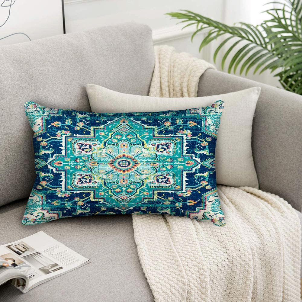 Juego de 2 fundas de almohada de estilo bohemio, diseño étnico, de lino, persa, patrón tribal, funda de cojín decorativa cuadrada para el hogar y la