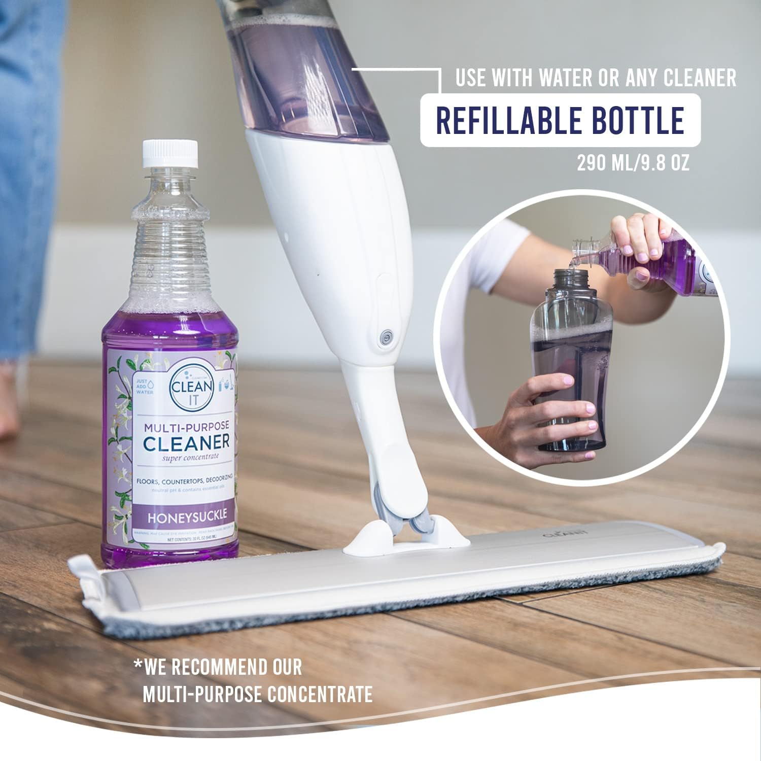Don Aslett ‘s Spray Mop Plus+ para limpieza de suelos Cabezal giratorio de 360  Almohadilla de microfibra reutilizable  Raspador de goma  Botella