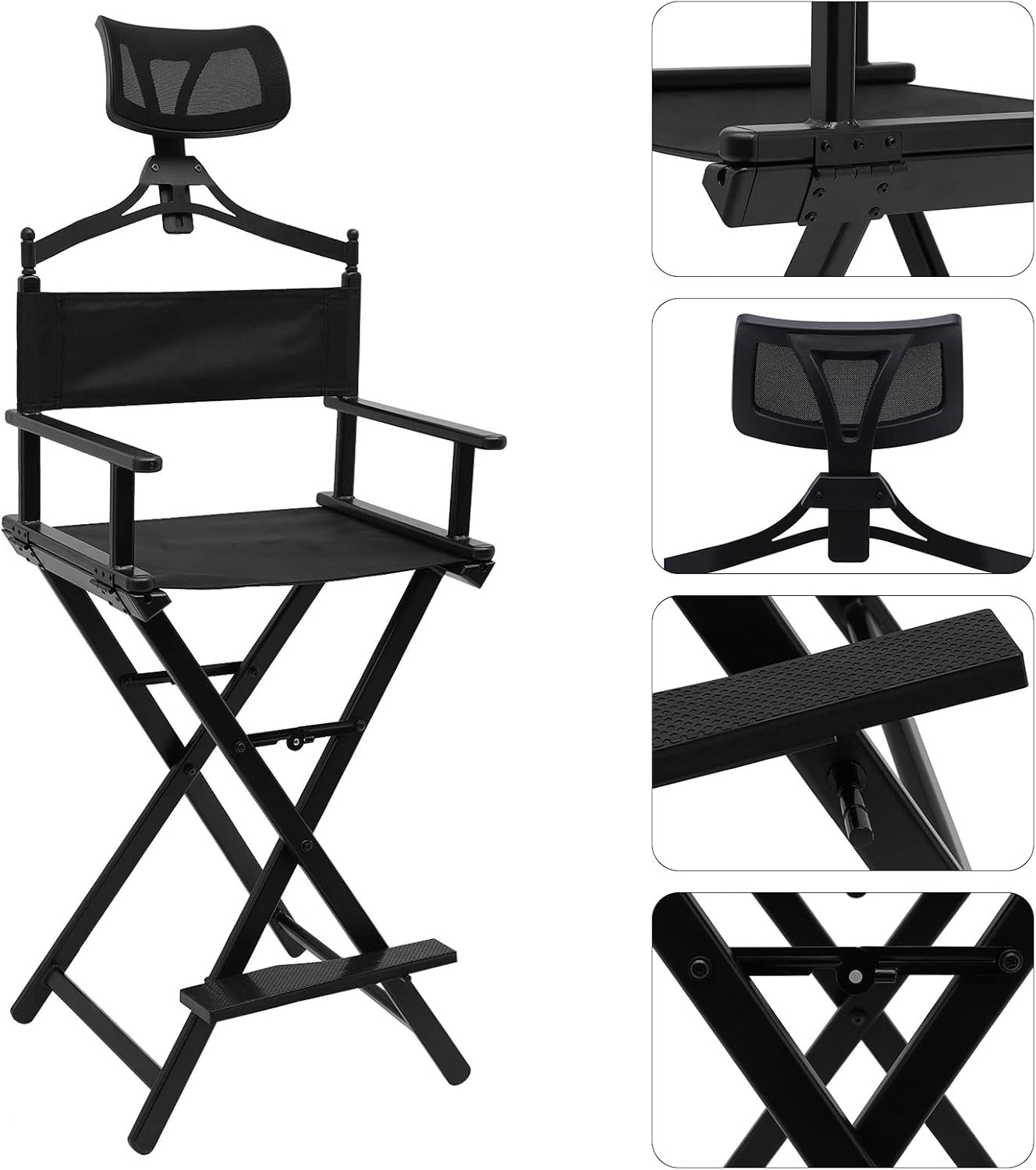 Silla plegable para artista de maquillaje, silla de directores plegable alta y profesional, silla de maquillaje de aluminio con reposacabezas para