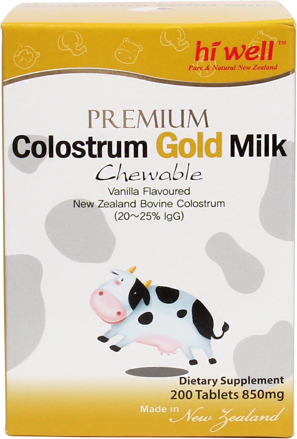 Hi Well Premium New Zealand Bovine Calostrum Gold Milk 200 comprimidos masticables Inmunoglobulina G (Igg) 2025% (Paquete de 3)