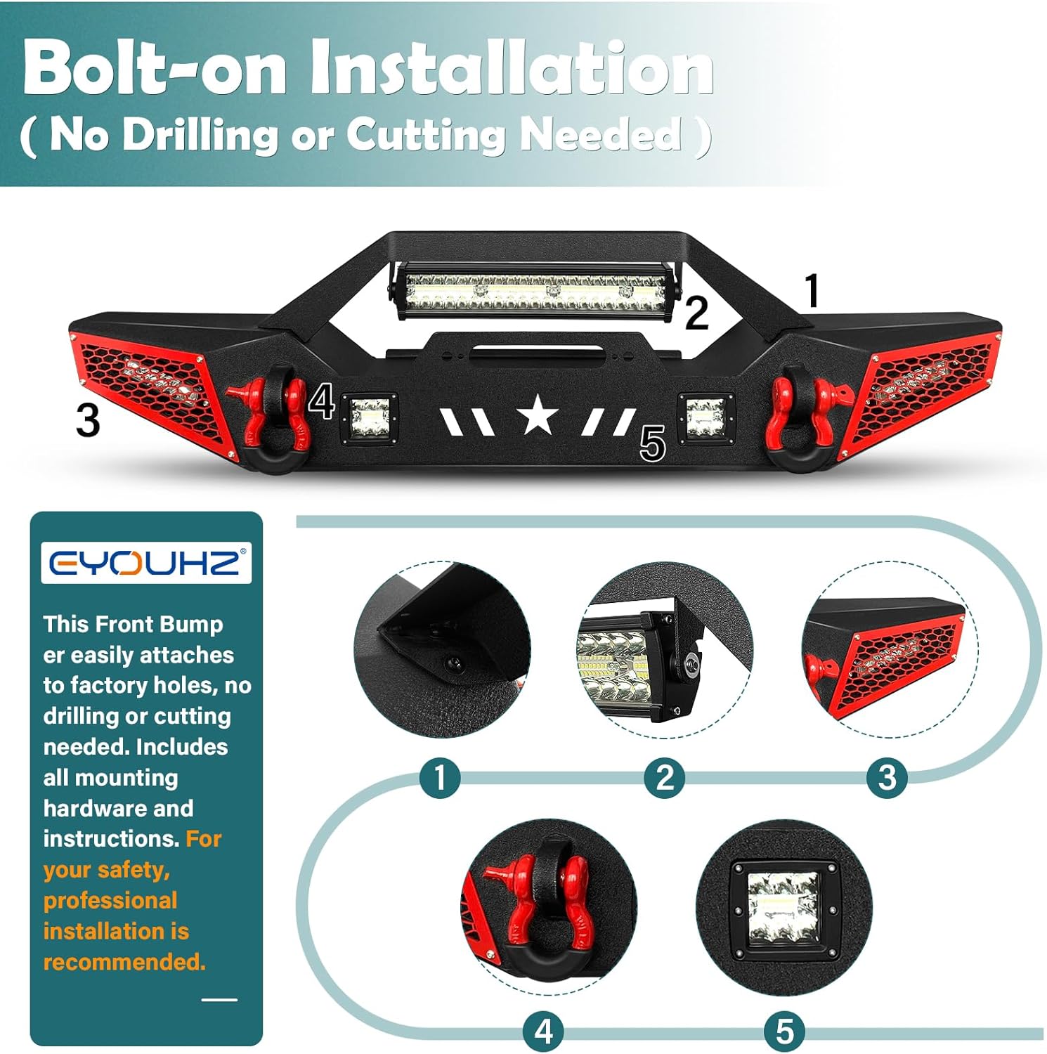 Parachoques delantero todoterreno compatible con Jeep Wrangler TJ YJ LJ Rock 1987-2006, placa de cabrestante integrada, armadura pintable, 1 luz LED