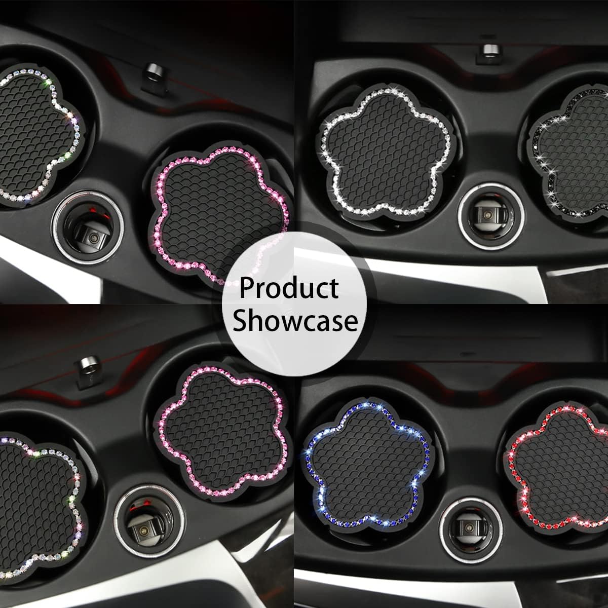 4 posavasos para automóvil, 2.75 pulgadas de cristal, antideslizante, con diamantes de imitación, bonito diseño de flor de ciruelo, universal para