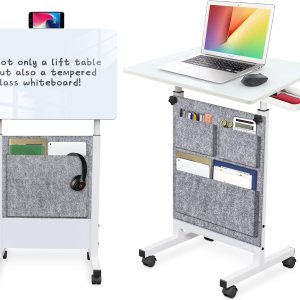 Escritorio de pie de altura ajustable, escritorio de vidrio templado para escribir con borrador, giro de 360, ruedas y bolsa, ideal para espacios Escritorio de pie de altura ajustable, escritorio de vidrio templado para escribir con borrador, giro de 360, ruedas y bolsa, ideal para espacios
