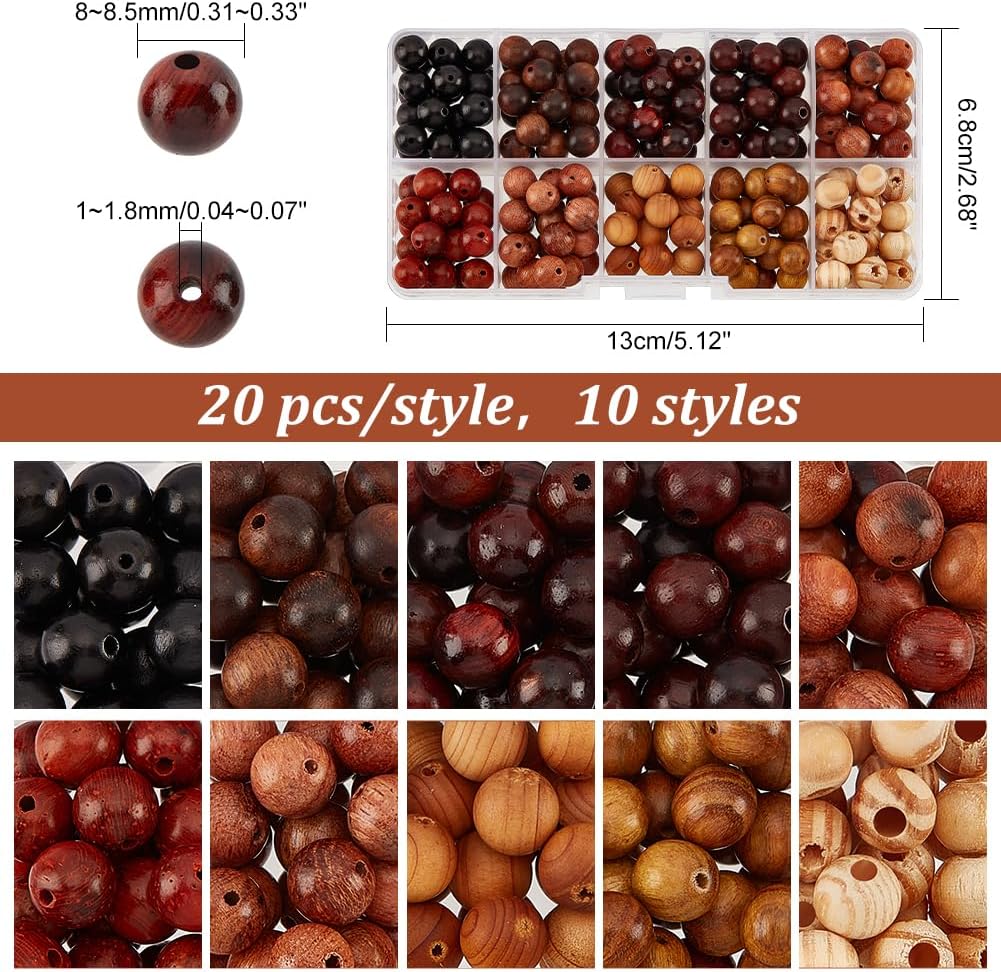 PH PandaHall 200 cuentas de madera natural de 10 colores de 0.315 pulgadas redondas sueltas a granel, cuentas de madera natural surtidas para hacer