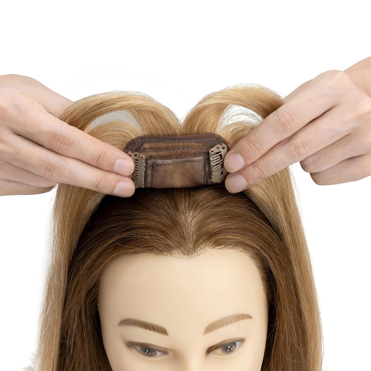 S-noilite Toppers para el cabello humano real con flequillo, 6 pulgadas, color rubio oscuro #27, base de seda, clip en la parte superior para