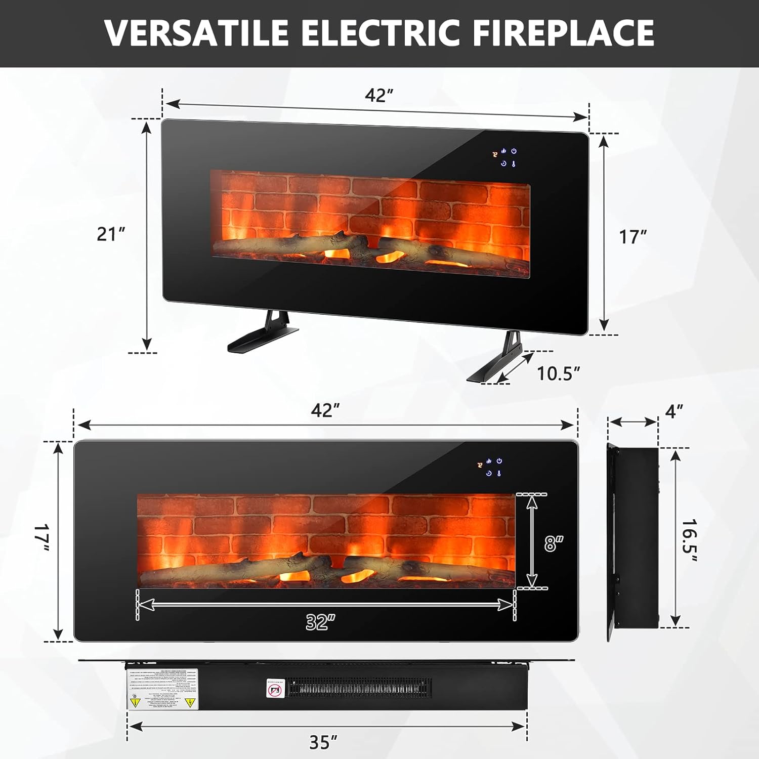 COSTWAY Chimenea eléctrica de 42 pulgadas, calentador de chimenea independiente y montado en la pared con control remoto, temperatura ajustable de