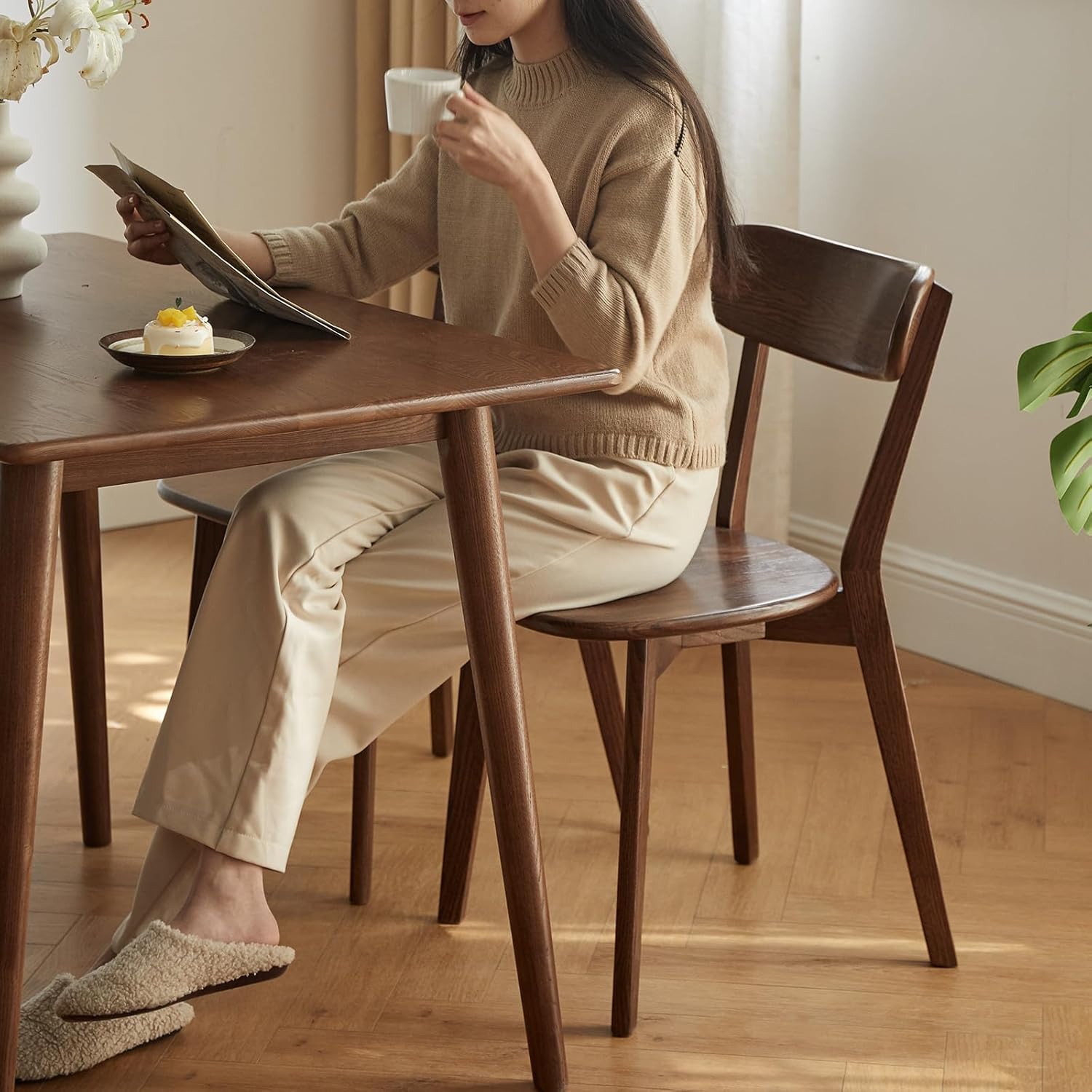 Sillas de comedor, silla de comedor 100% de madera de roble maciza con diseño moderno de mediados de siglo, sillas de respaldo, sillas de cocina,